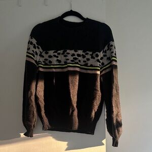 Black Crewneck Sweater with Leopard Stripe and Lime Accents